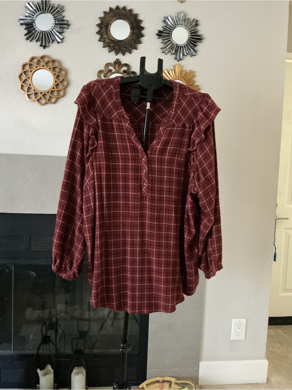 torrid Burgundy Plaid Ruffle Yoke Henley Blouse